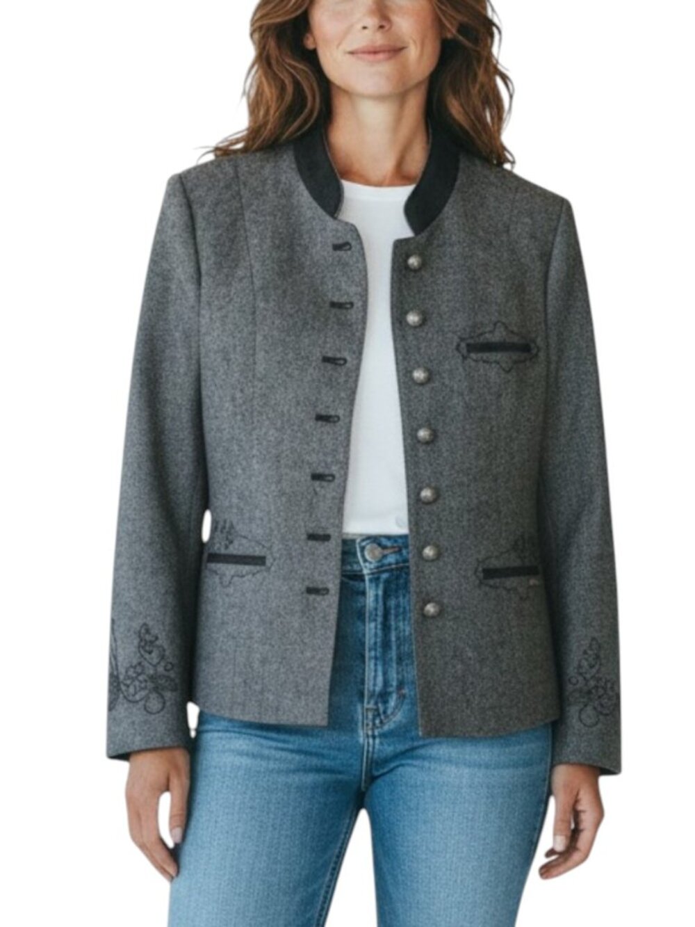 Spieth and Wensky Wool Blend Black White Herringbone Embroidered Blazer